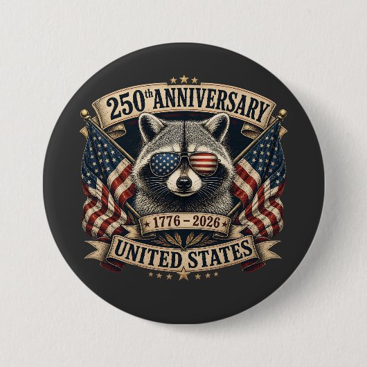 アメリカ独立250周年記念 アライグマ レトロ 7月4日 缶バッジ (正面)