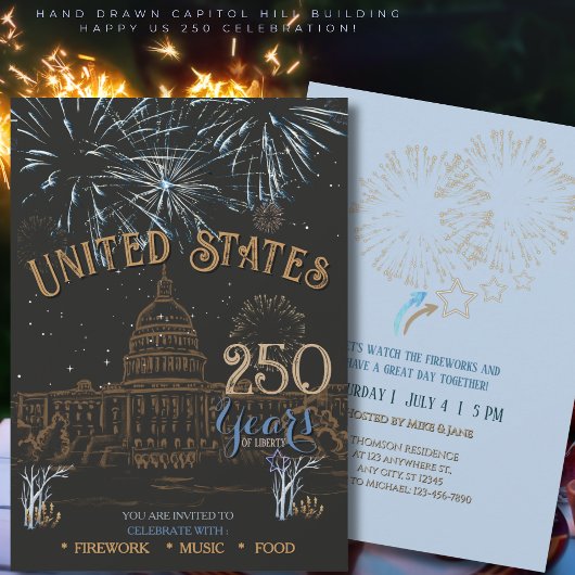 アメリカ独立250周年記念 エレガントブルー&ゴールド米国250周年記念キャピトル 招待状