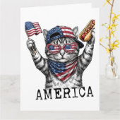 アメリカ独立250周年記念 愛国的なストライプ柄の猫 カード (黄色い花)