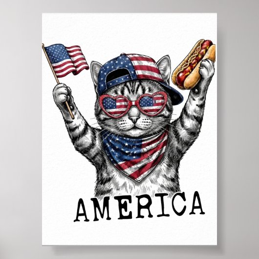 アメリカ独立250周年記念 愛国的なストライプ柄の猫 ポスター (正面)