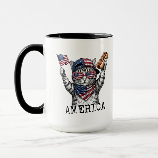 アメリカ独立250周年記念 愛国的なストライプ柄の猫 マグカップ (左)