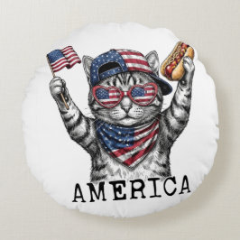 アメリカ独立250周年記念 愛国的なストライプ柄の猫 ラウンドクッション