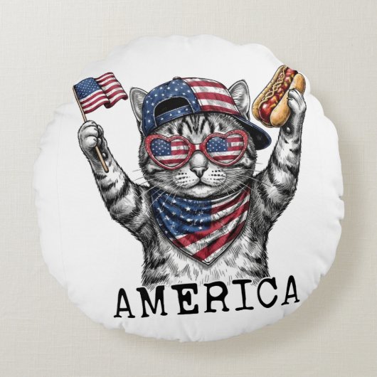 アメリカ独立250周年記念 愛国的なストライプ柄の猫 ラウンドクッション (正面)