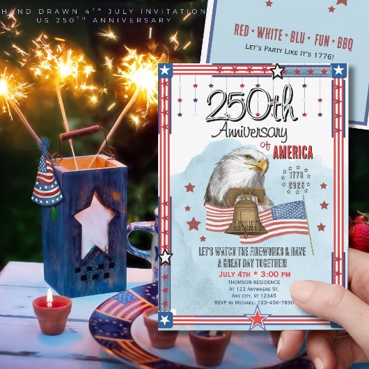 アメリカ独立250周年 手描きの鐘と鷲 招待状