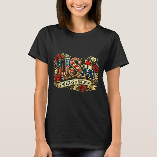 アメリカ独立250年記念 フローラルローズ 愛国 Tシャツ (正面)