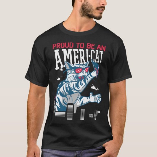アメリカ猫であることを誇りに思う 愛国 アメリカ 7月4日 Tシャツ (正面)