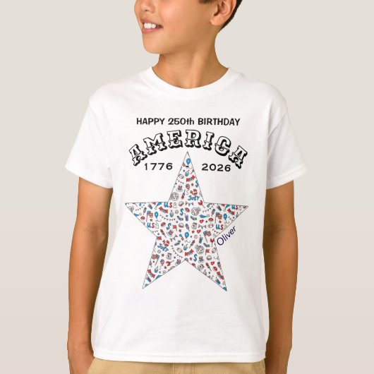 アメリカ生誕250周年おめでとうスタージュニアTシャツ || 名前 Tシャツ (正面)