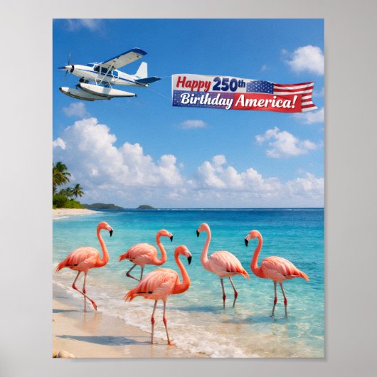 アメリカ生誕250周年おめでとう ビーチのフラミンゴ ポスター (正面)