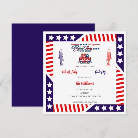 アメリカ生誕250周年と7月4日のフィッシュフライ招待状 招待状 (正面/裏面)