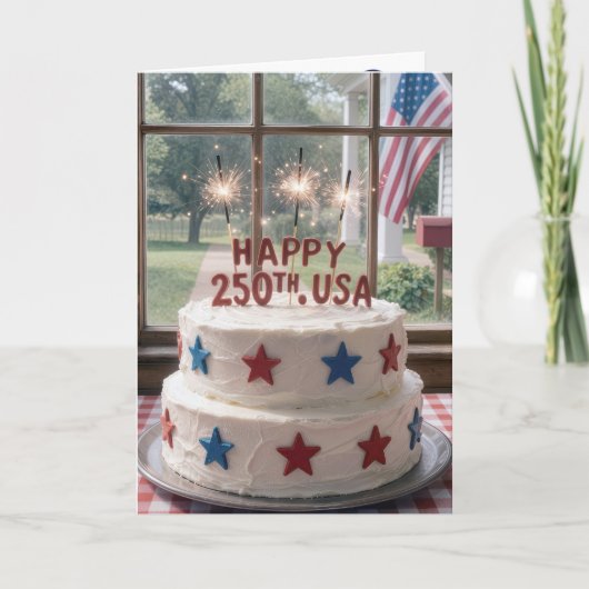 アメリカ生誕250周年 スパークラーを添えたバースデーケーキ カード (正面)