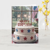 アメリカ生誕250周年 スパークラーを添えたバースデーケーキ カード (黄色い花)