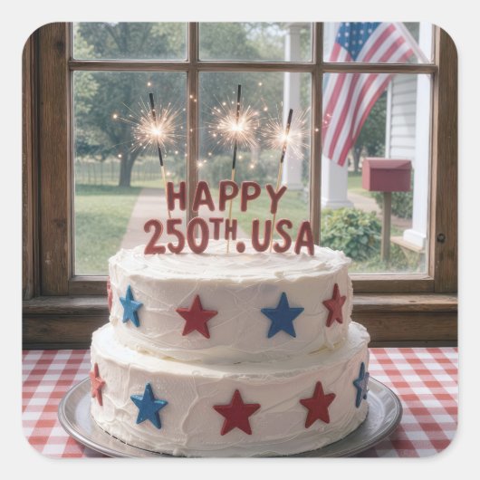 アメリカ生誕250周年 スパークラーを添えたバースデーケーキ スクエアシール (正面)