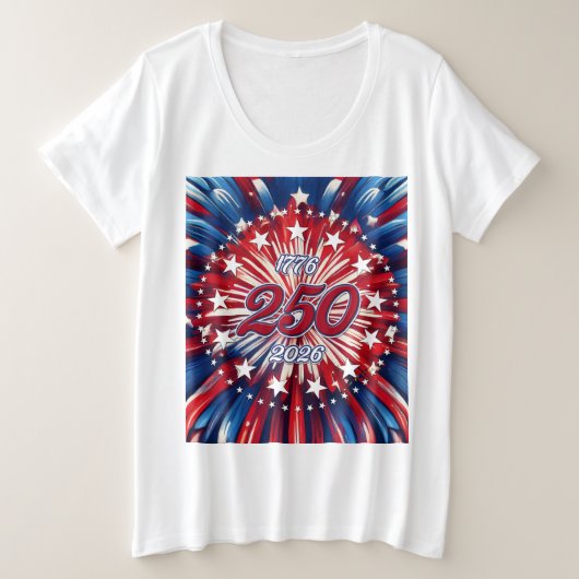 アメリカ生誕250周年 1776-2026 RWB 花火  プラスサイズTシャツ (デザイン正面)
