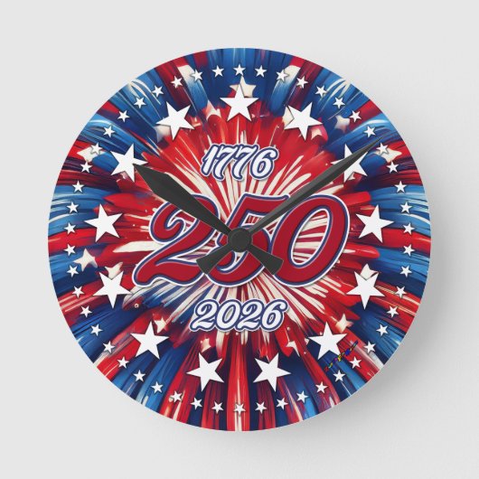 アメリカ生誕250周年 1776-2026 RWB 花火 ラウンド壁時計 (正面)