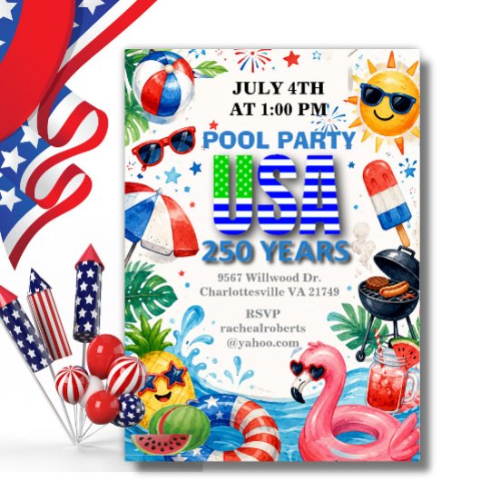 アメリカ生誕250年 夏のプールパーティー 7月4日 招待状