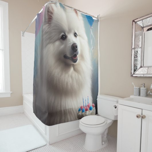 アメリカ産エスキモー犬の風船の誕生日 シャワーカーテン (インサイチュ)