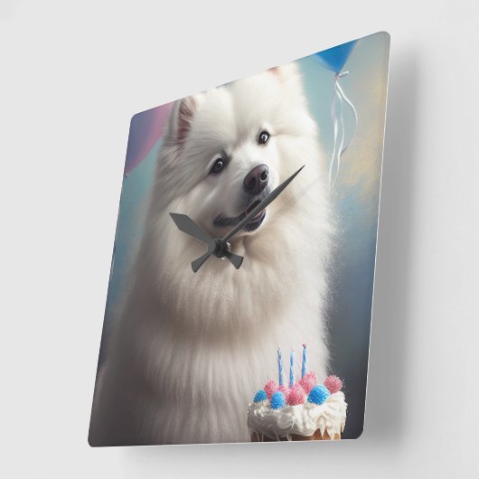 アメリカ産エスキモー犬の風船の誕生日 スクエア壁時計 (傾斜)