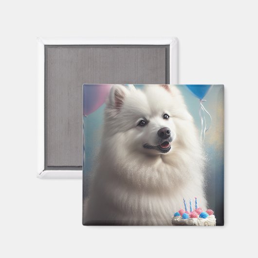アメリカ産エスキモー犬の風船の誕生日 マグネット (正面/裏面)