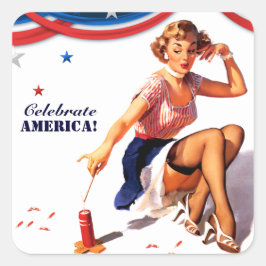 アメリカ祝。7月4日のレトロのピンアップ スクエアシール