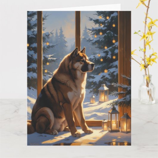 アメリカ秋田とクリスマスライトホリデー カード (黄色い花)