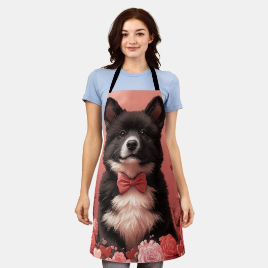 アメリカ秋田とバラ – バレンタインデー エプロン (着用した状態)