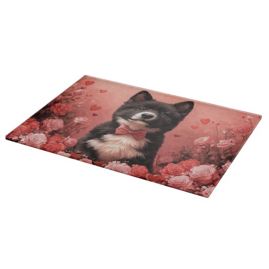 アメリカ秋田とバラ – バレンタインデー カッティングボード (角)