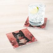 アメリカ秋田とバラ – バレンタインデー ガラスコースター (アングル)