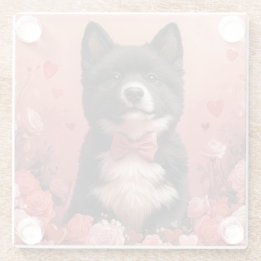 アメリカ秋田とバラ – バレンタインデー ガラスコースター (裏面)