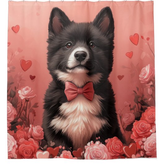 アメリカ秋田とバラ – バレンタインデー シャワーカーテン (正面)