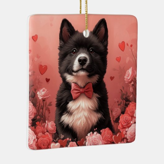 アメリカ秋田とバラ – バレンタインデー セラミックオーナメント (右)