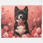 アメリカ秋田とバラ – バレンタインデー フリースブランケット (正面(横))