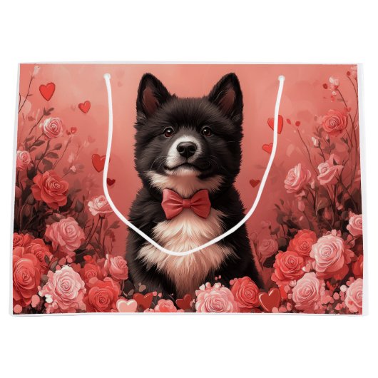 アメリカ秋田とバラ – バレンタインデー ラージペーパーバッグ (正面)