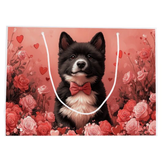 アメリカ秋田とバラ – バレンタインデー ラージペーパーバッグ (裏面)