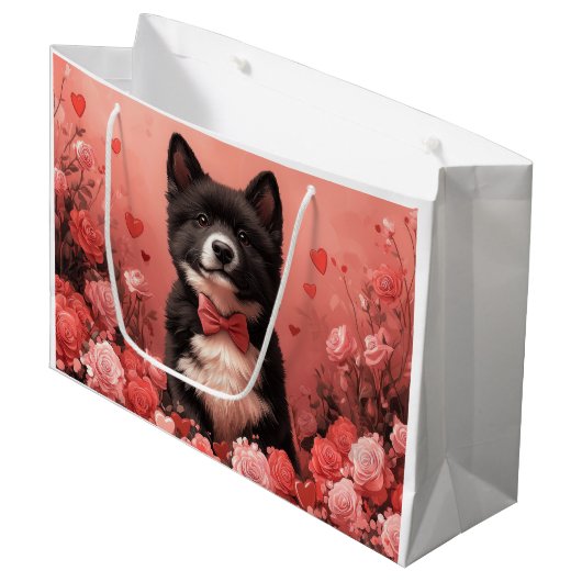 アメリカ秋田とバラ – バレンタインデー ラージペーパーバッグ (正面アングル)