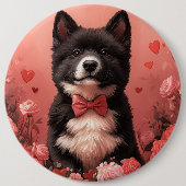 アメリカ秋田とバラ – バレンタインデー 缶バッジ (正面)