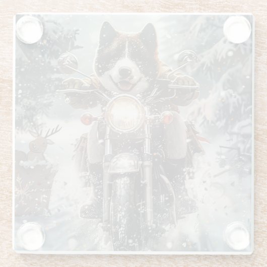 アメリカ秋田犬がオートバイクリスマスにライディング ガラスコースター (裏面)