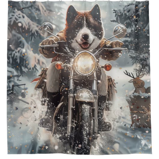 アメリカ秋田犬がオートバイクリスマスにライディング シャワーカーテン (正面)