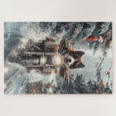 アメリカ秋田犬がオートバイクリスマスにライディング ジグソーパズル (横)