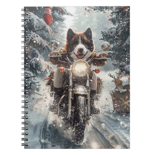 アメリカ秋田犬がオートバイクリスマスにライディング ノートブック (正面)