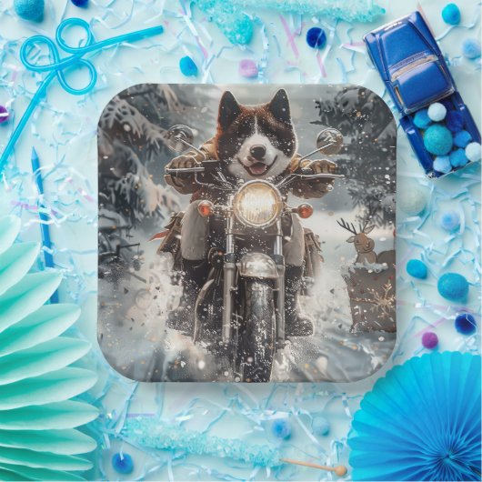 アメリカ秋田犬がオートバイクリスマスにライディング ペーパープレート (パーティー)