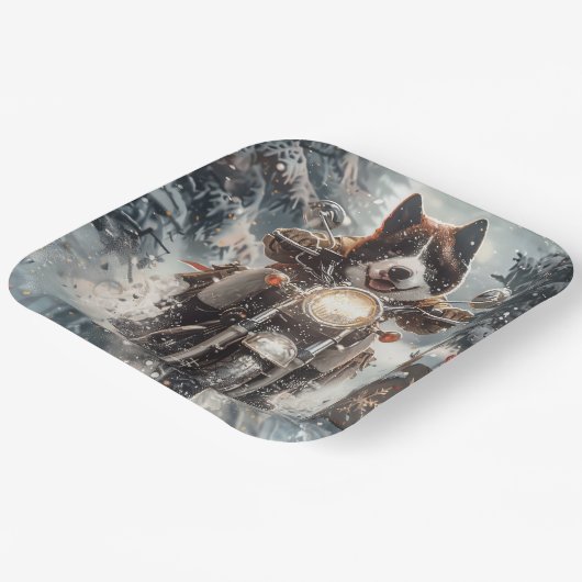 アメリカ秋田犬がオートバイクリスマスにライディング ペーパープレート (傾斜あり)