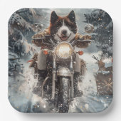 アメリカ秋田犬がオートバイクリスマスにライディング ペーパープレート (正面)