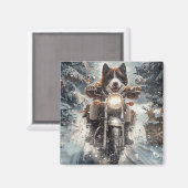 アメリカ秋田犬がオートバイクリスマスにライディング マグネット (正面/裏面)