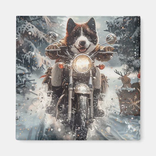 アメリカ秋田犬がオートバイクリスマスにライディング マグネット (正面)