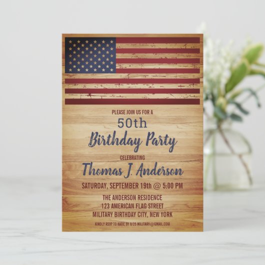  アメリカ素朴国旗の愛国的50歳の誕生日パーティー 招待状 (スタンド正面)