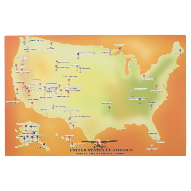 アメリカ統一された国定公園の州図 メタルプリント (正面)