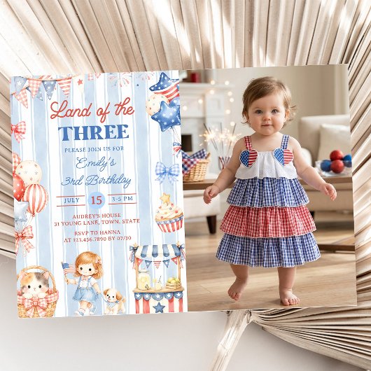 アメリカ縞模様の女の子3歳の誕生日招待状 招待状