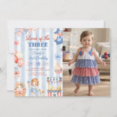 アメリカ縞模様の女の子3歳の誕生日招待状 招待状 (正面)