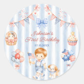アメリカ縞模様 男の子の誕生日パーティー ラウンドシール (正面)