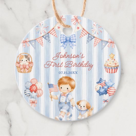アメリカ縞模様 男の子 誕生日パーティー お礼 タグ (正面)